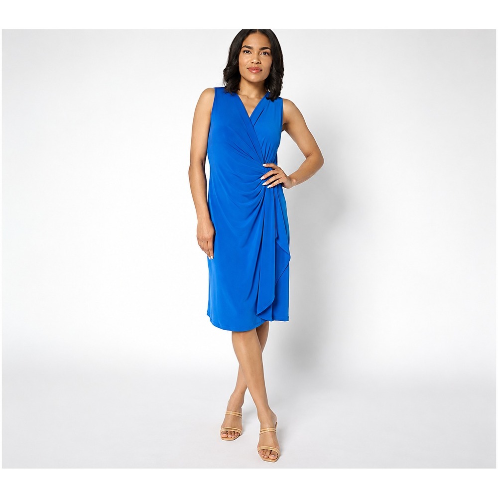 Susan Graver Regular Liquid Knit Faux Wrap Cascade Dress Cobalt Dream Large